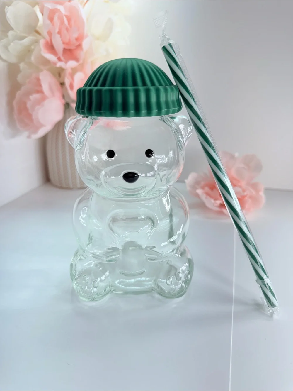 Green-Top Clear Bear Drink Cup with Straw - Party Supply